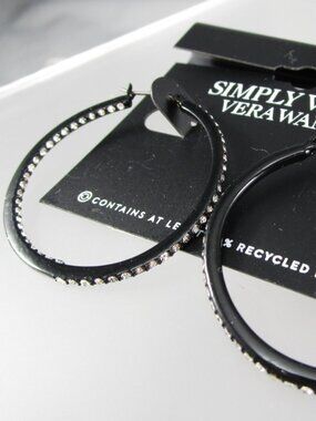 VERA WANG Rocker Chic Black Clear Crystal 1.5" Hoop Earrings**NEW!